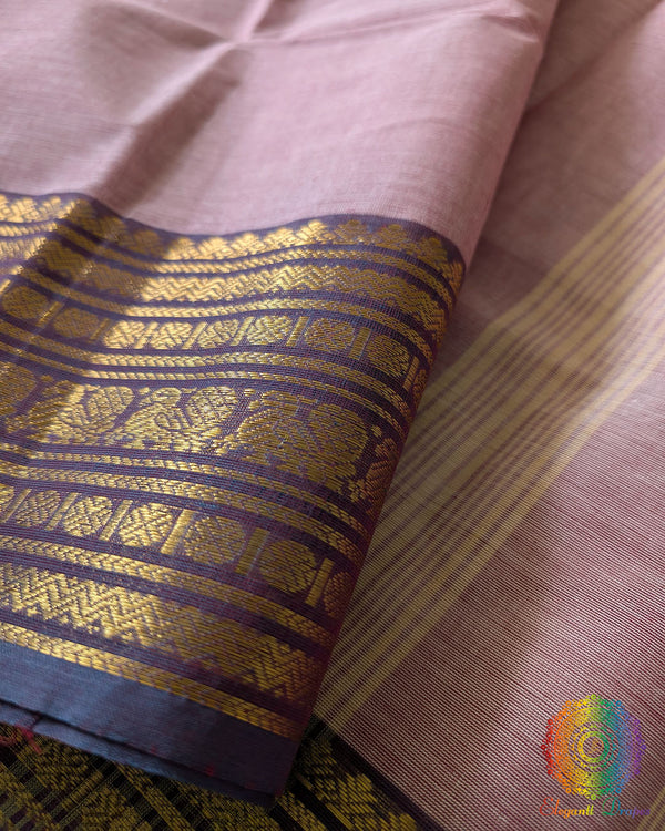 Dusty pink Kanchi cotton saree border close up highlighting woven detailing and texture