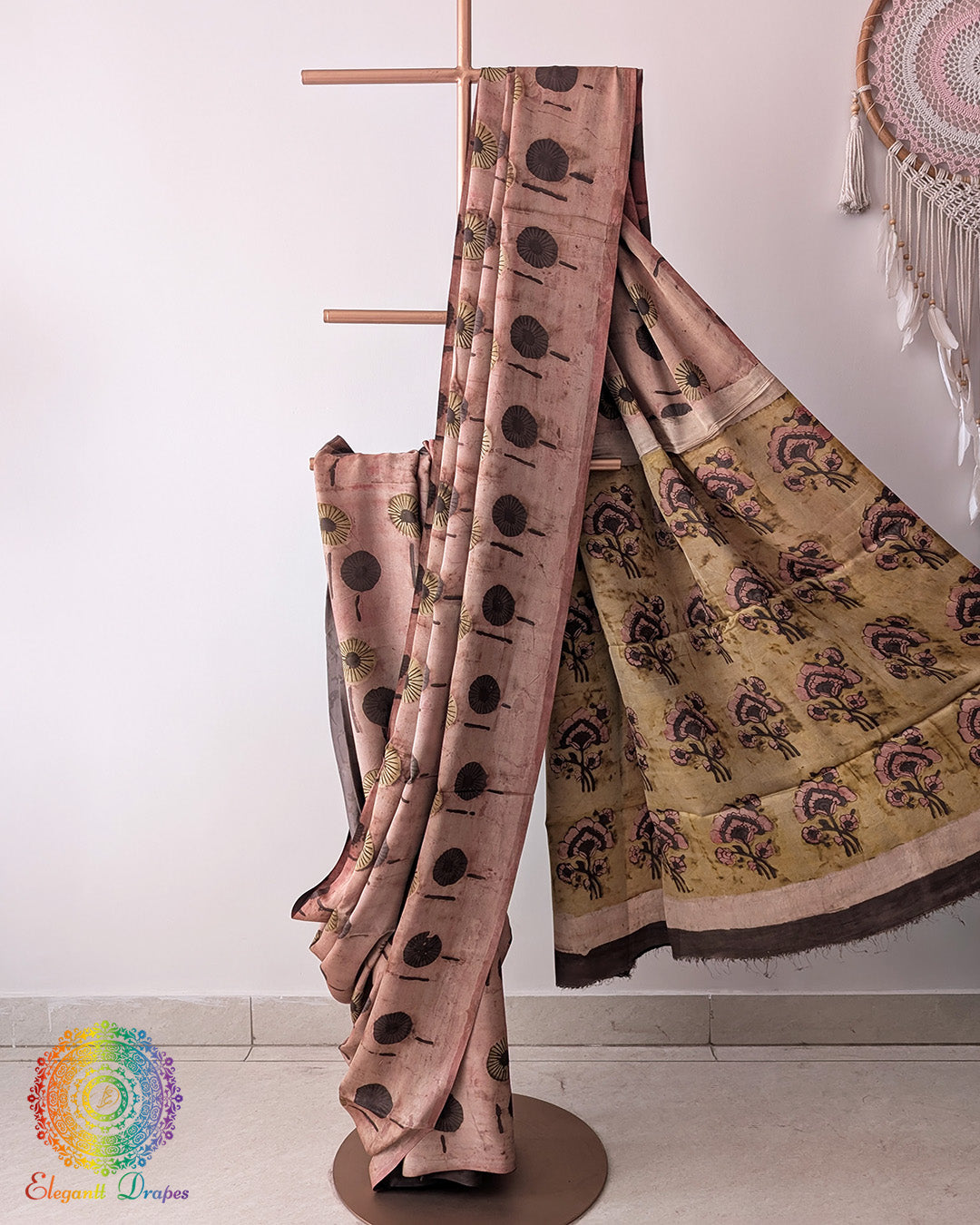 Open pallu view of Blush Pink Nashpal Pomegranate Modal Tussar Saree