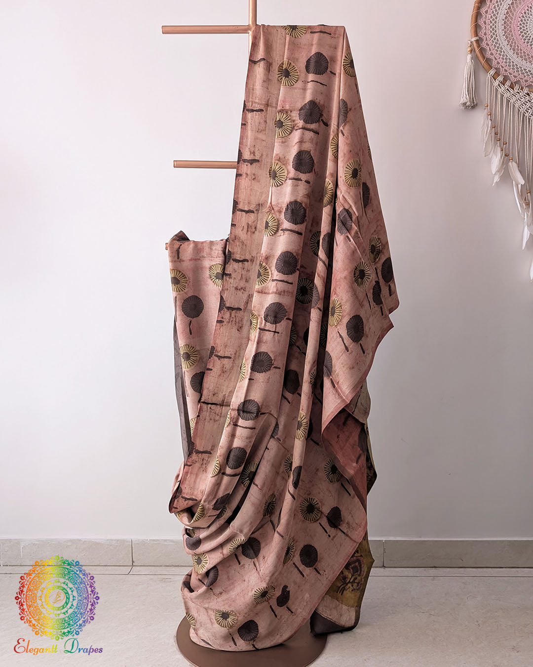 Blush Pink Modal Tussar Saree draped with Pomegranate Nashpal dye