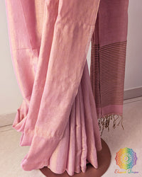 Palla close up on blush pink Bengal linen tissue saree highlighting woven texture