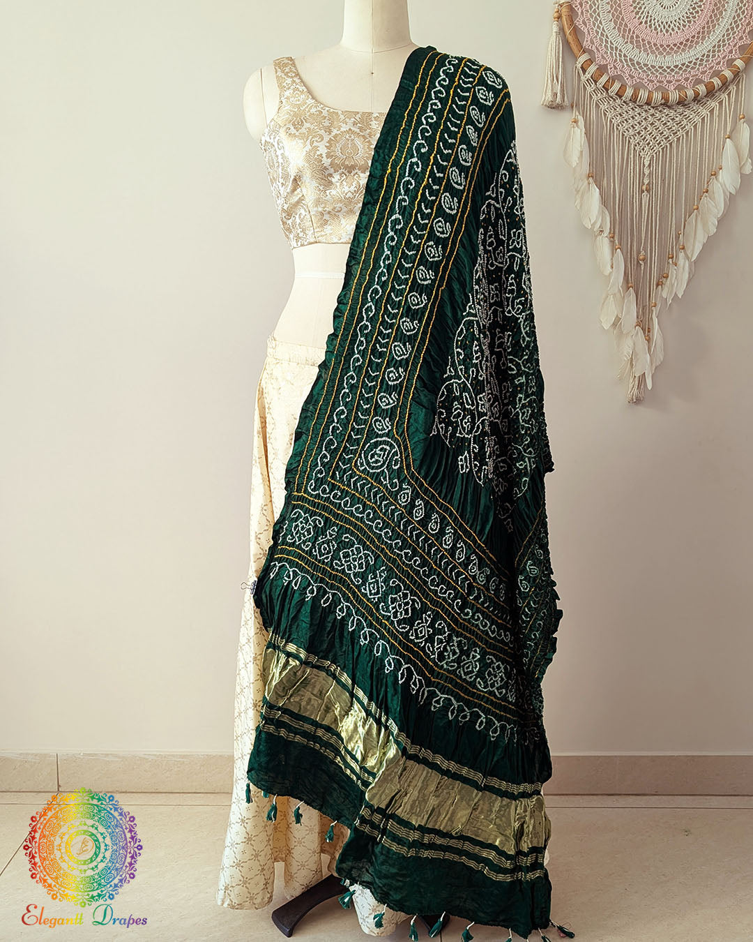 Emerald green gaji silk bandhani dupatta traditional tie and dye Elegantt Drapes