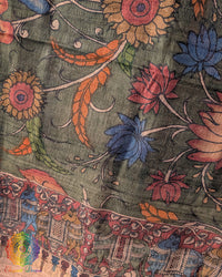 Close-up of authentic hand-painted Kalamkari artwork highlighting the rich texture and natural sheen of Forest Green Pure Tussar Silk dupatta