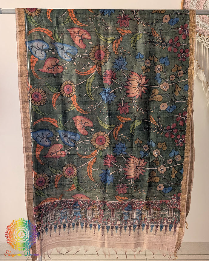 Forest Green Hand-Painted Kalamkari Pure Tussar Silk Dupatta showcasing traditional artisan painting and natural silk texture