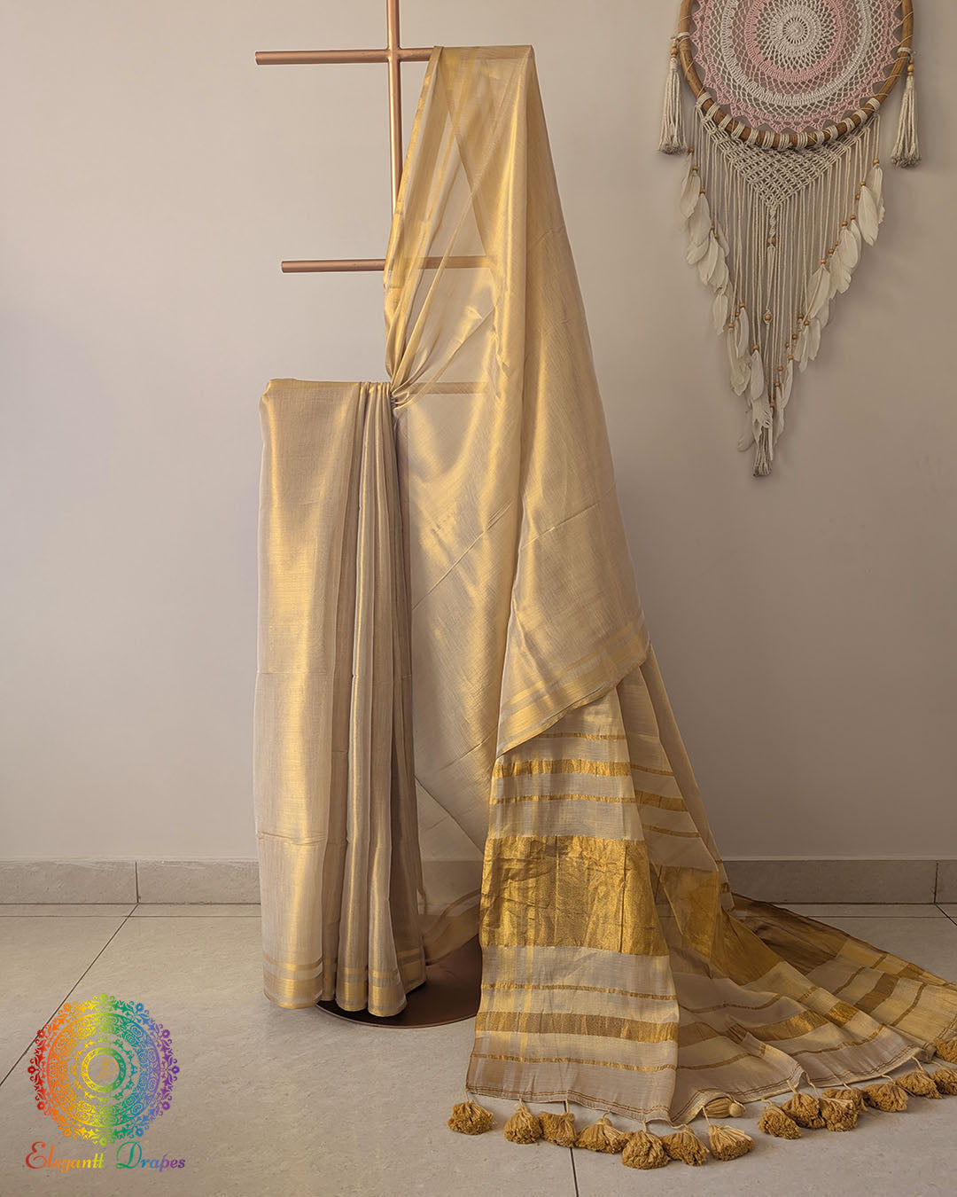 Golden bengal tissue linen saree with heavy pom poms Elegantt Drapes