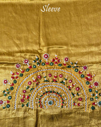 Close-up of semi-circular Bavadiya handwork on Golden Mustard Mashru Silk Blouse Piece sleeve