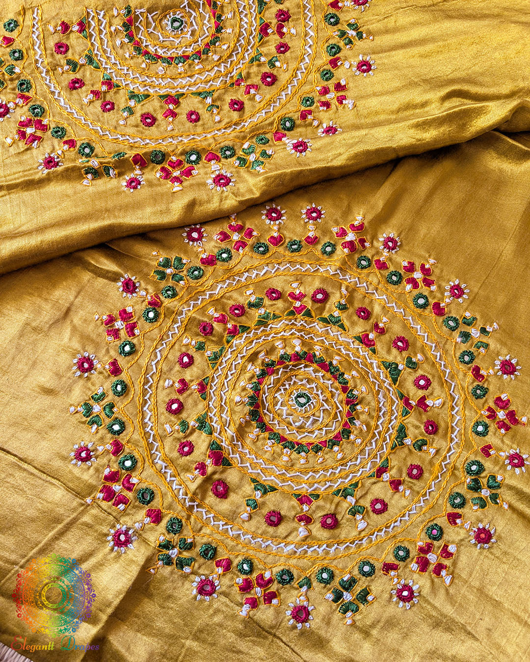 Golden Mustard Mashru Silk Bavadiya Handwork Blouse Piece back and sleeve