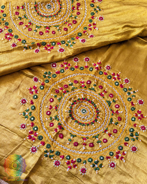 Golden Mustard Mashru Silk Bavadiya Handwork Blouse Piece back and sleeve