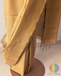 Golden Bengal linen tissue saree fabric close up showing tissue sheen