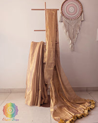 Golden Bengal mul tissue saree drape view with sequins work