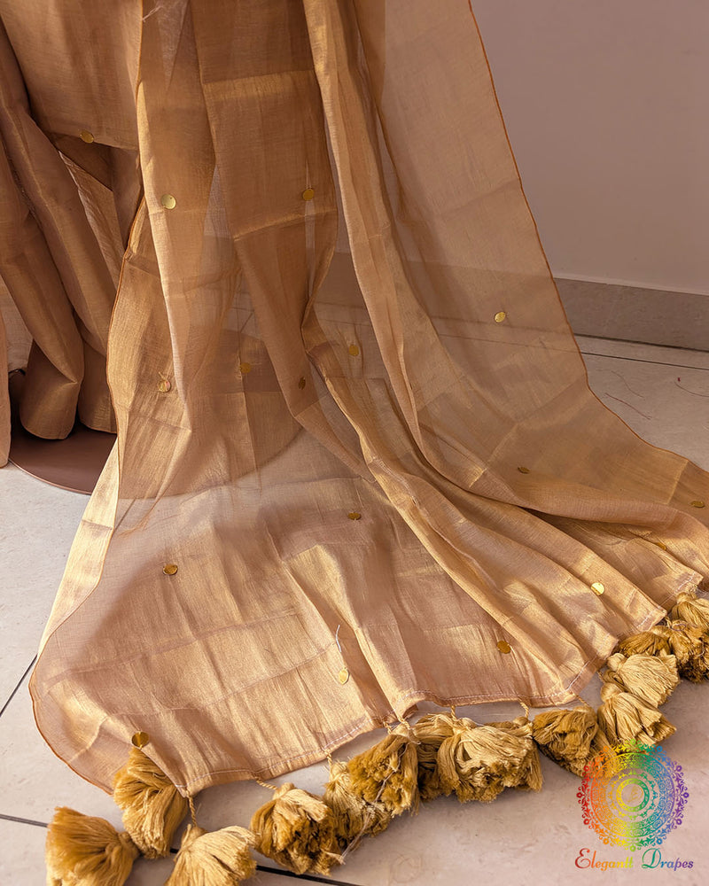 Golden Bengal mul tissue saree open palla view showing sequins detailing