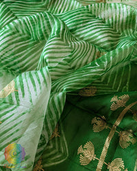Close-up of Arashi Shibori detailing on Green Banarasi Kora Silk Dupatta