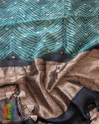 Green Leheriya Pallu on Banarasi Handloom Kora Silk Saree