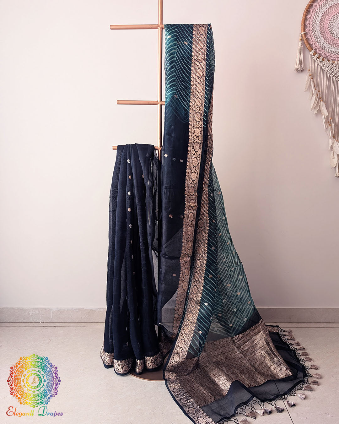 Green Banarasi Kora Silk Saree folded Pallu drape with Kadhuwa weave