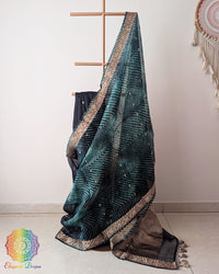 Green Banarasi Handloom Kora Silk Leheriya Saree draped view
