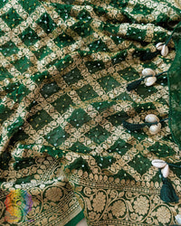 Kodi tassels on Green Banarasi Khaddi Georgette Bandhani Dupatta