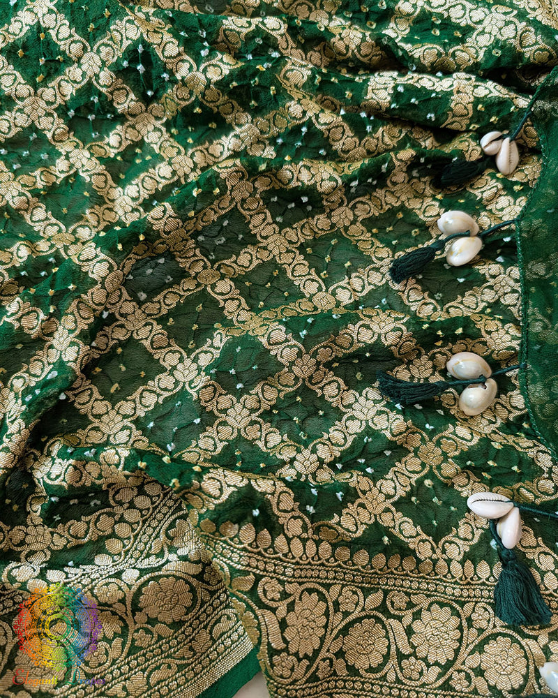 Kodi tassels on Green Banarasi Khaddi Georgette Bandhani Dupatta