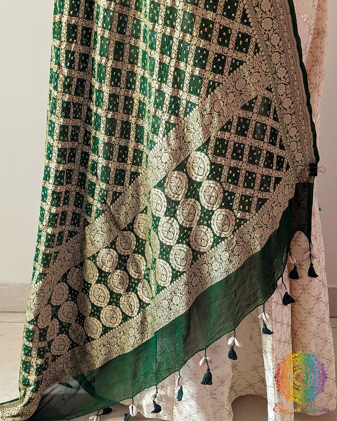 Close-up of Bandhani detailing on Green Banarasi Khaddi Georgette Dupatta