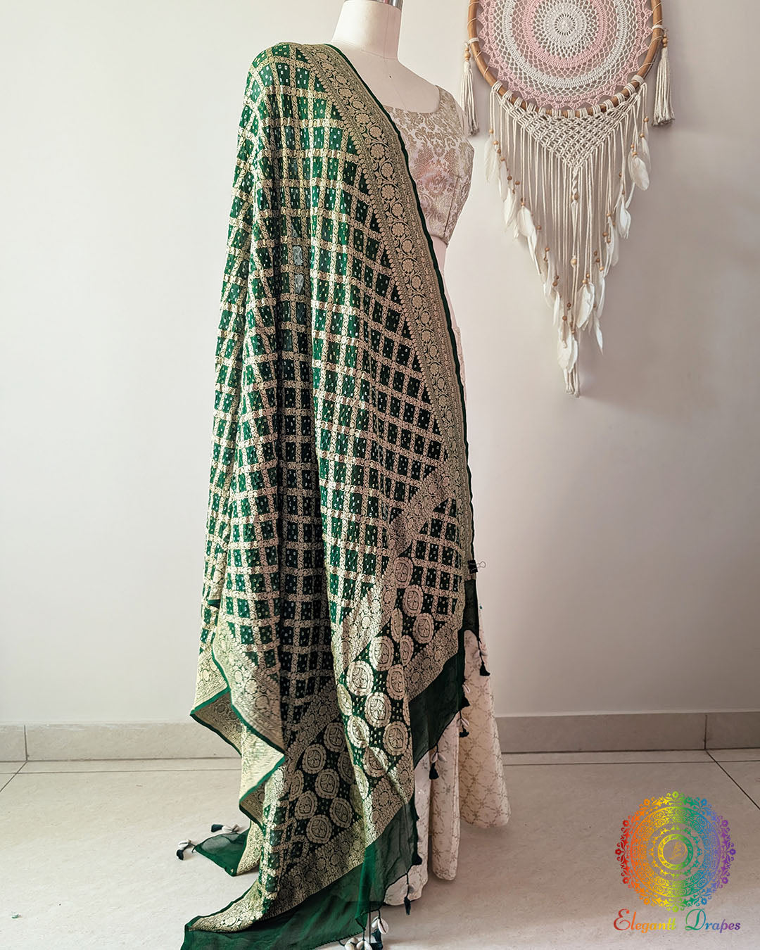 Green Banarasi Khaddi Georgette Bandhani Dupatta side drape view