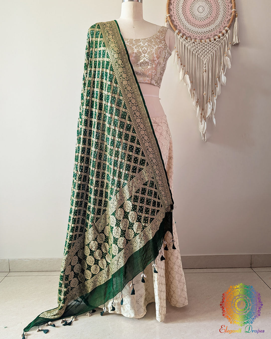Green Banarasi Khaddi Georgette Bandhani Dupatta front drape view
