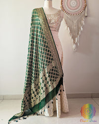 Green Banarasi Khaddi Georgette Bandhani Dupatta front drape view