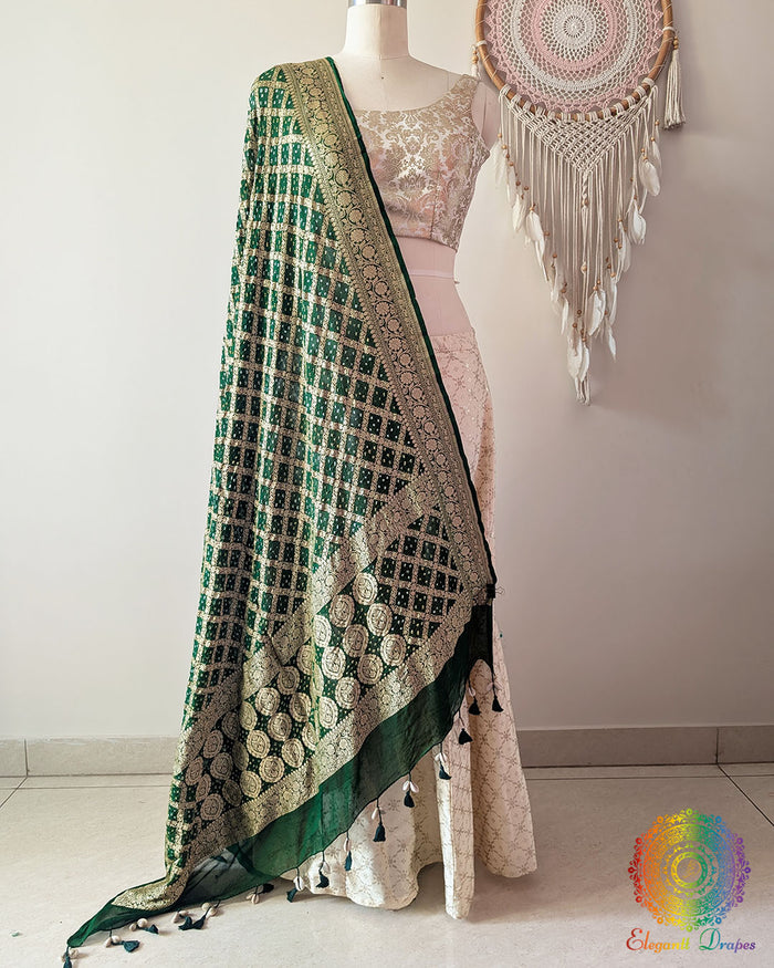 Green Banarasi Khaddi Georgette Bandhani Dupatta front drape view