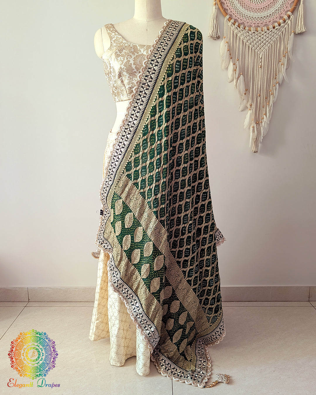Green banarasi georgette bandhani dupatta with scalloped border