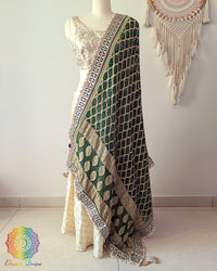 Green banarasi georgette bandhani dupatta with scalloped border