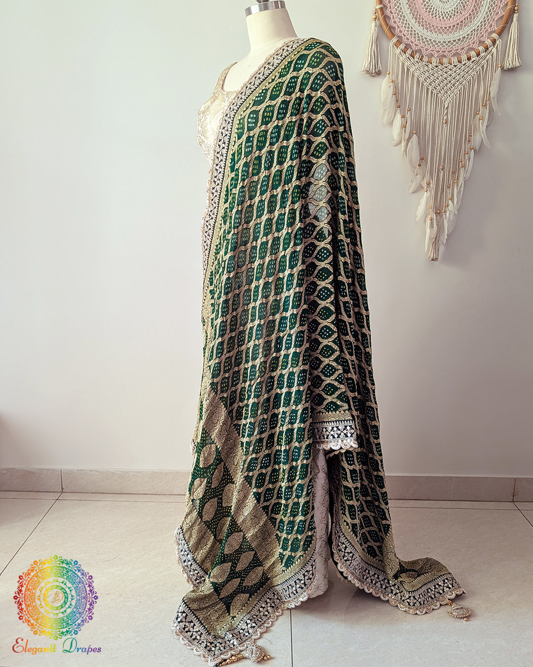 Lightweight green bandhani dupatta with delicate scalloped edge