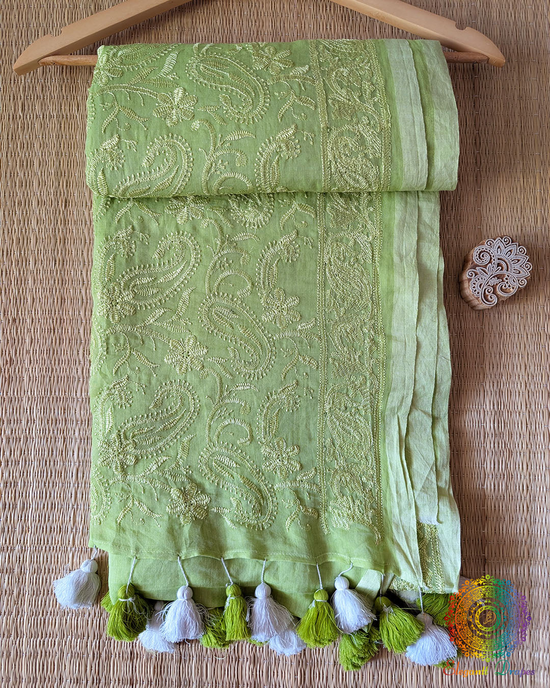 Green Mul Cotton Saree with Chikankari Threadwork