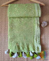 Green Mul Cotton Saree with Chikankari Threadwork