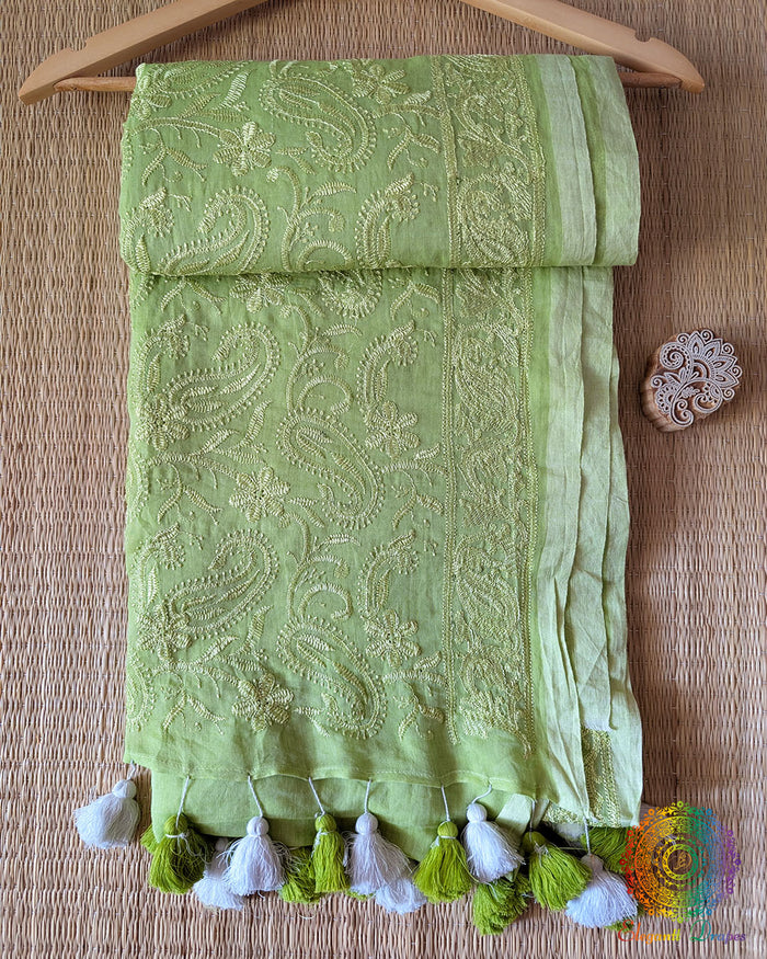 Green Mul Cotton Saree with Chikankari Threadwork
