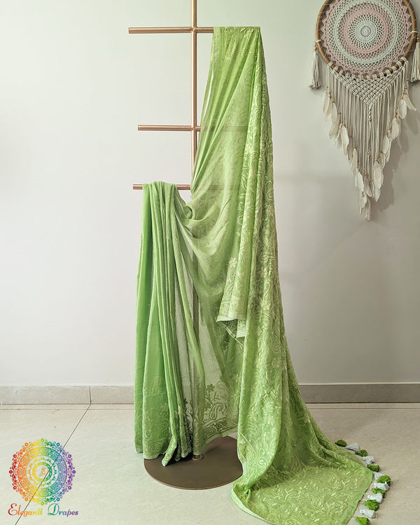 Green Mul Cotton Saree with Chikankari Threadwork full view