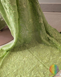 Close-up of Chikankari threadwork on the pallu of Green Mul Cotton Saree