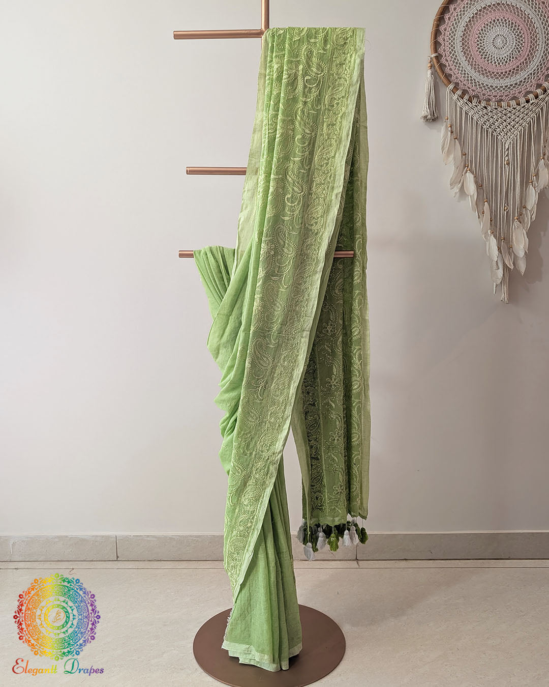 Green Mul Cotton Saree with heavy Chikankari machine embroidery