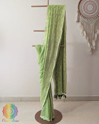Green Mul Cotton Saree with heavy Chikankari machine embroidery