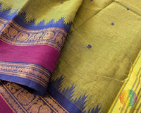 Close up of blue and pink border on green Kanchi cotton saree highlighting weave