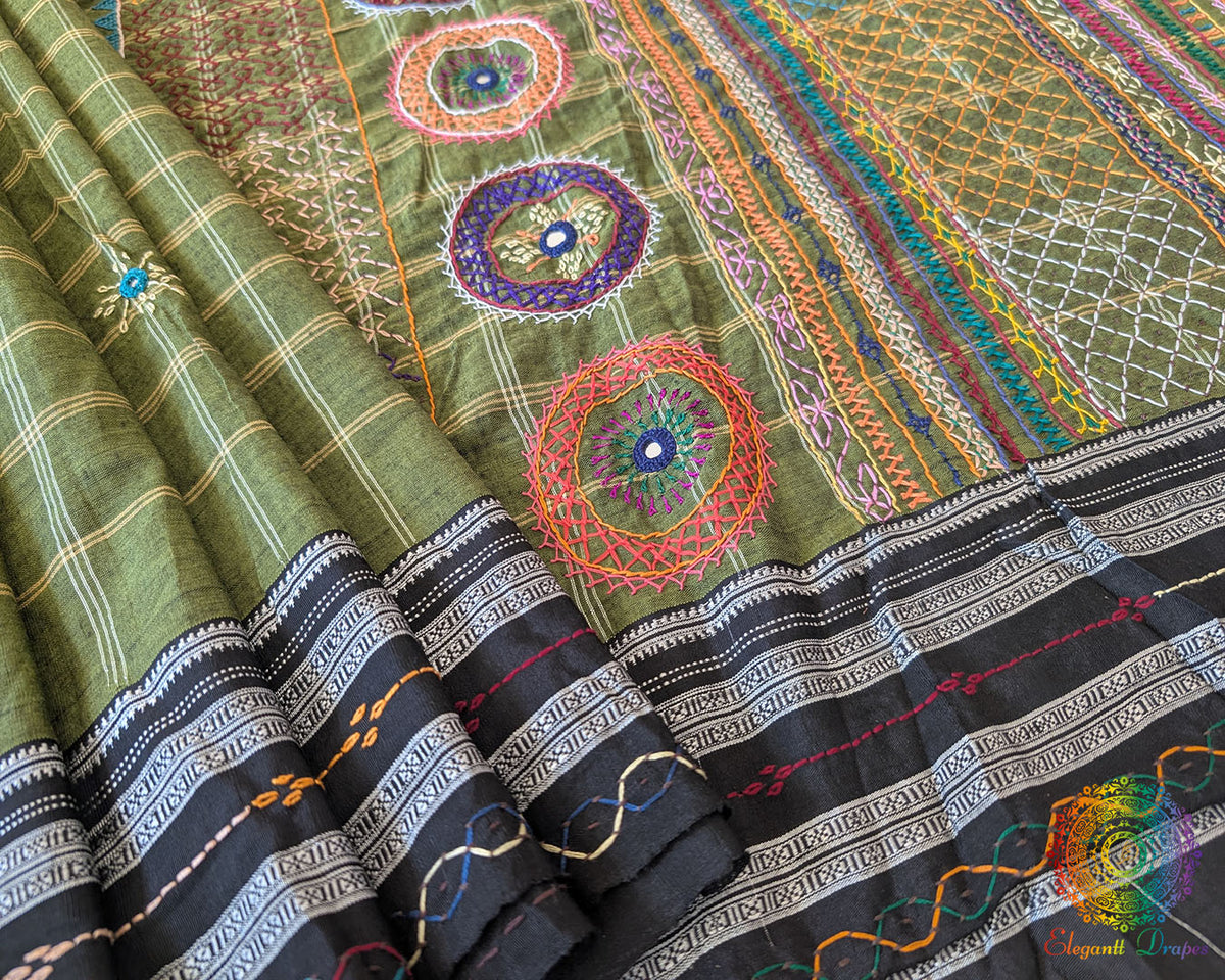 Olive Green Checked Ilkal Cotton Saree with Lambani Hand Embroidery