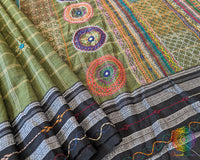 Olive Green Checked Ilkal Cotton Saree with Lambani Hand Embroidery