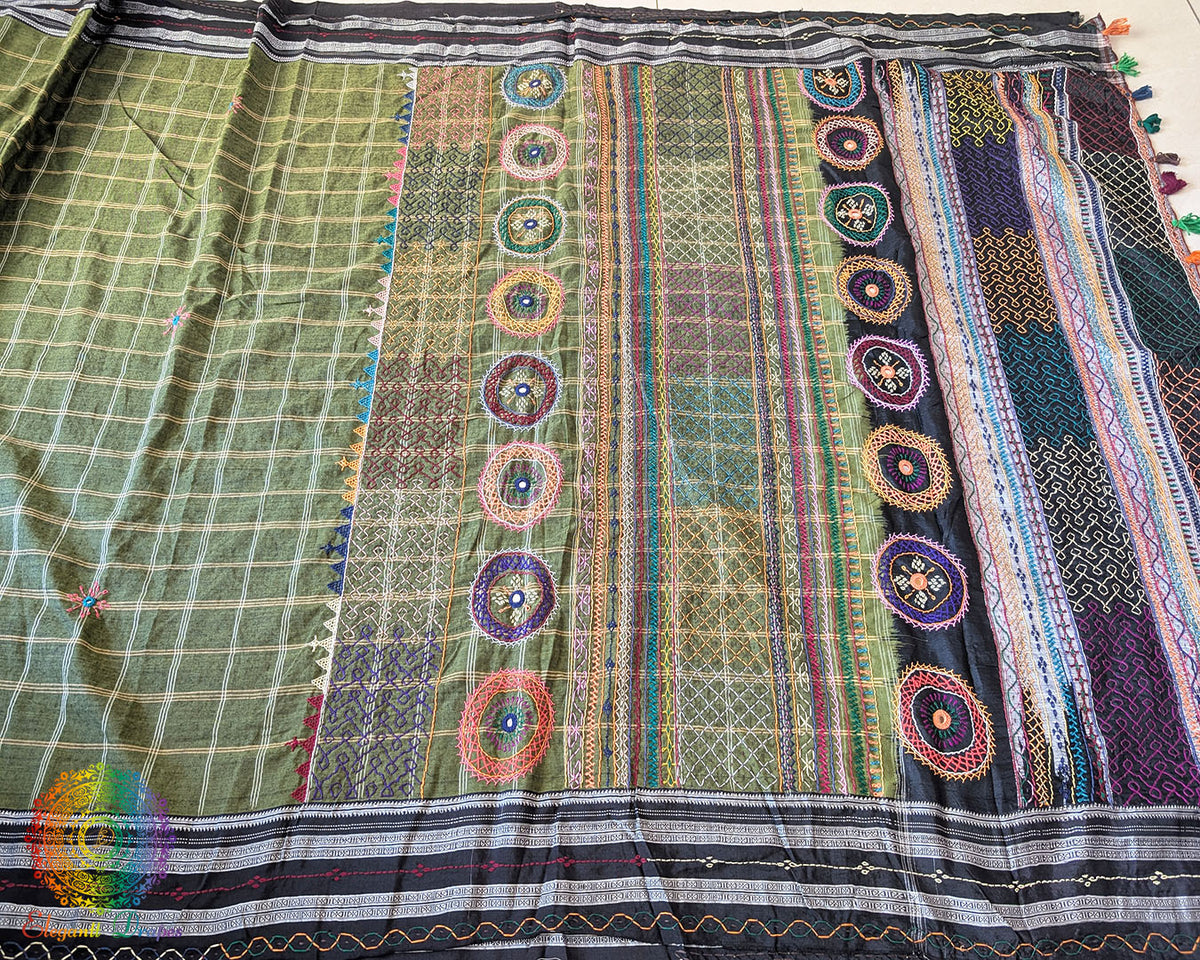 Green Ilkal cotton saree with Lambani hand embroidery and heavily embroidered half-meter palla