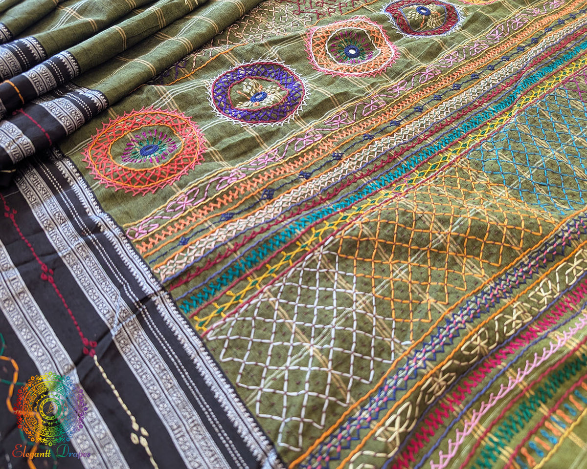 Close-up of intricate multicolored Lambani hand embroidery on the richly embellished palla