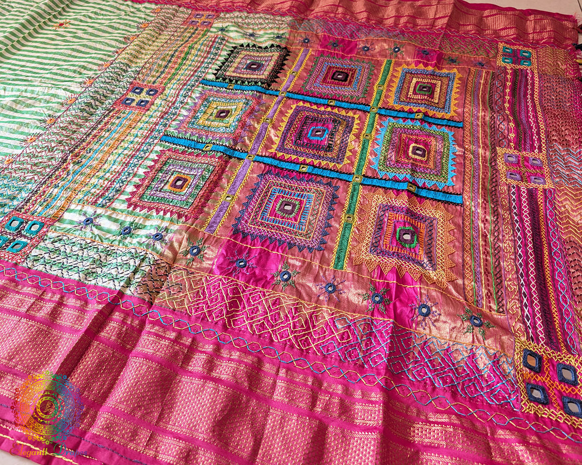 Detailed Pallu and Border of Green Ilkal Silk Lambani Saree