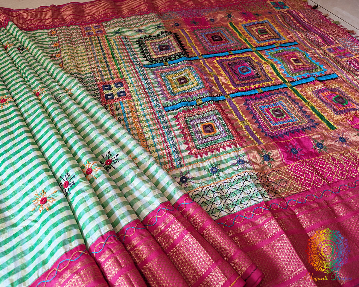 Pallu View of Green Pure Ilkal Silk Saree with Lambani Handwork