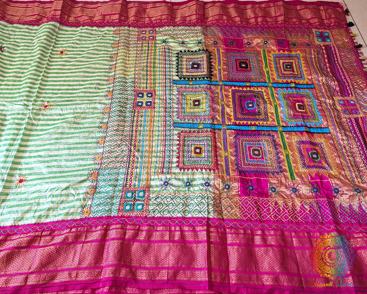 Green Checks and Lambani Embroidery Detail on Pure Ilkal Silk Saree