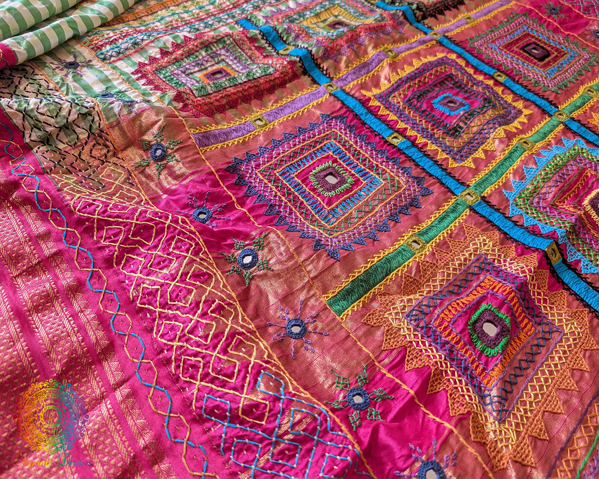 Close-up of Sindur Lambani Handwork on Green Ilkal Silk Saree