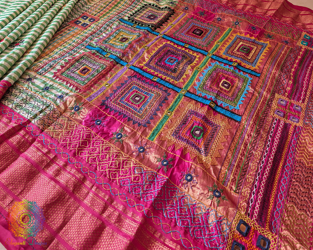 Detailed Lambani Embroidery Motifs on Green Checked Ilkal Silk Saree