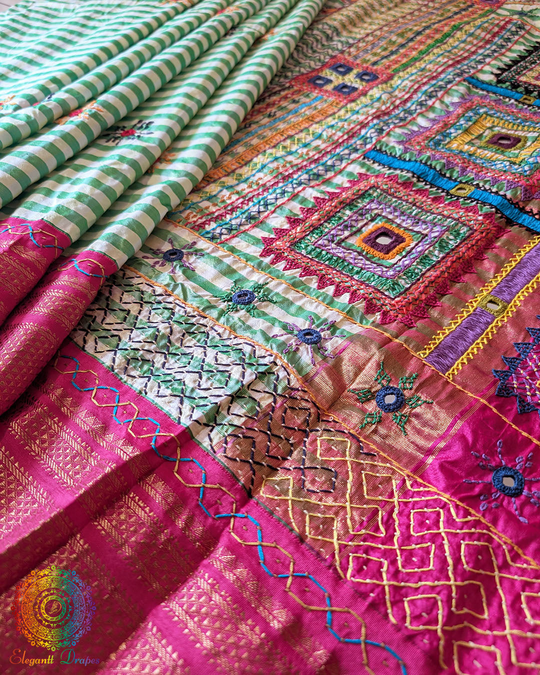Green Checked Pure Ilkal Silk Saree with Sindur Lambani Handwork
