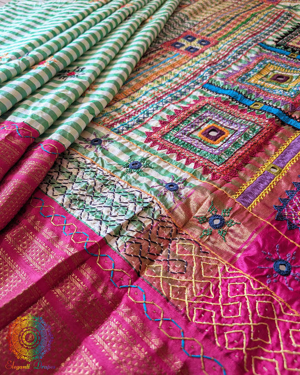 Green Checked Pure Ilkal Silk Saree with Sindur Lambani Handwork