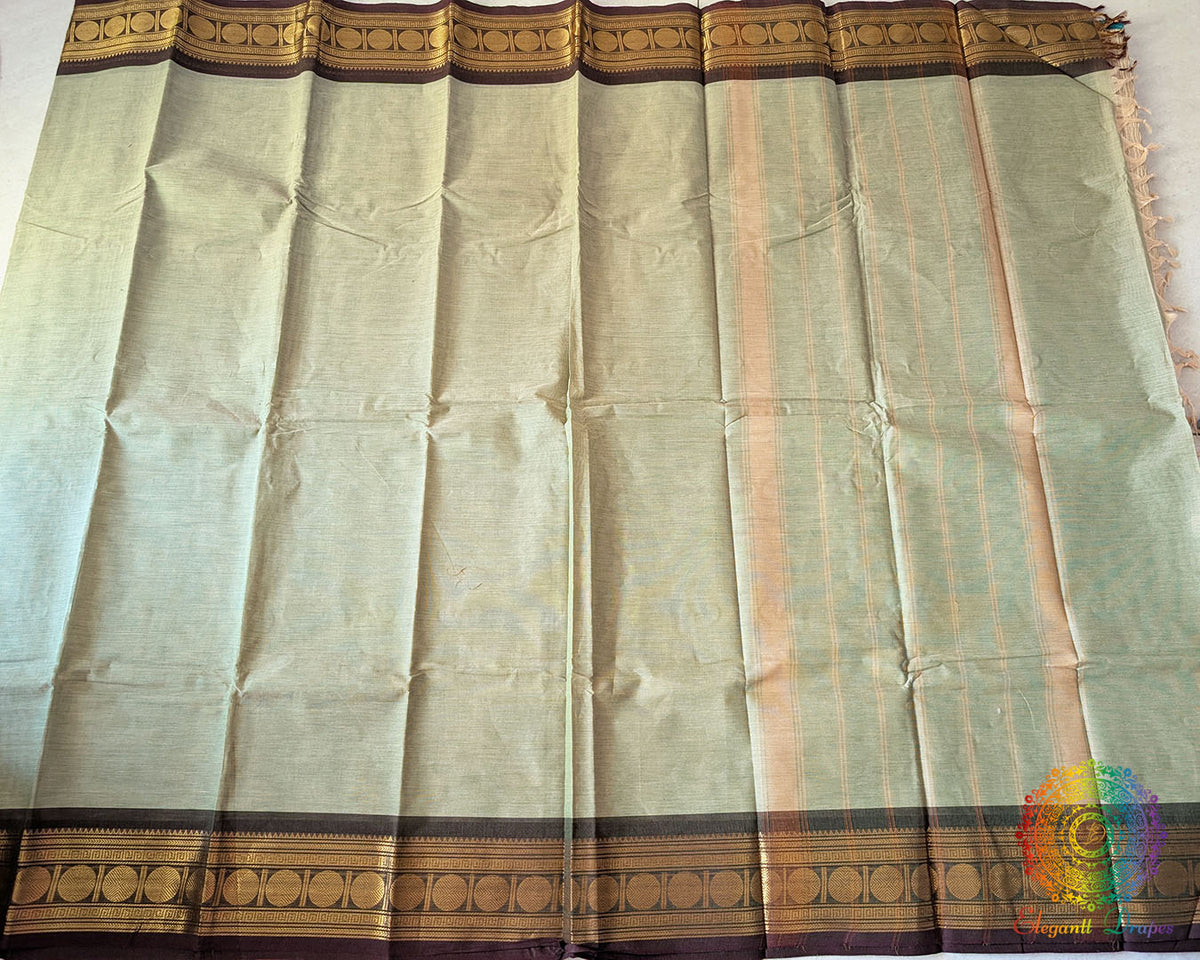 Full pale green Kanchi cotton saree laid flat showing complete design and drape