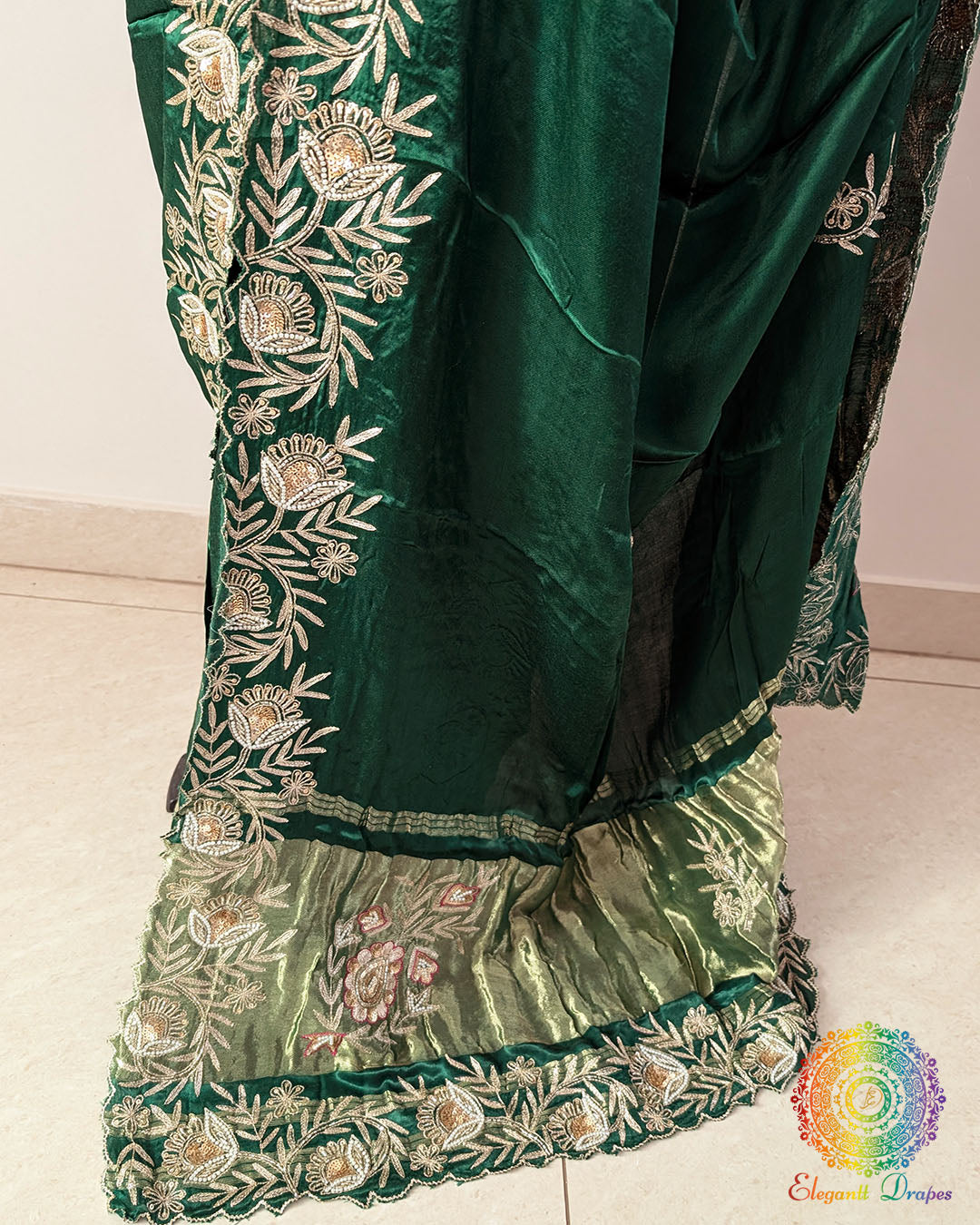 Gaji silk fabric texture emerald green saree