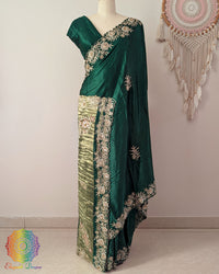 Emerald green Gaji silk dabka handwork saree open view